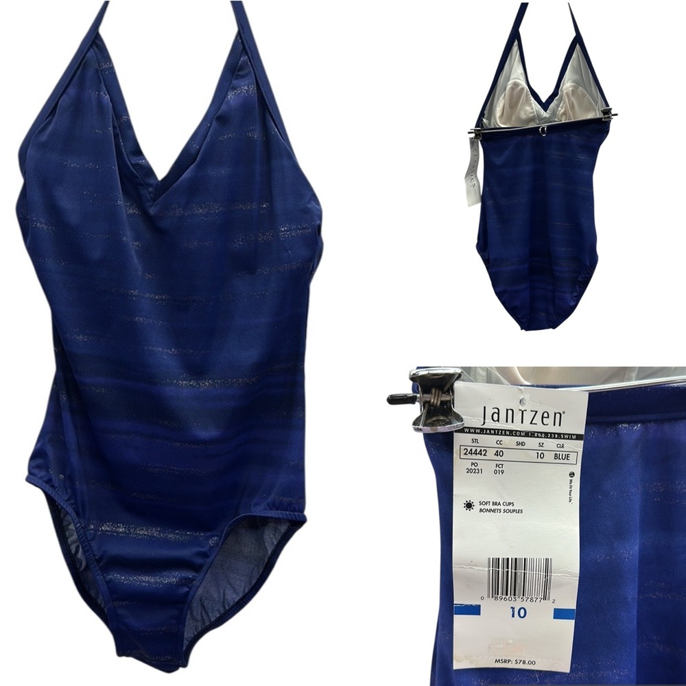 Jantzen Classics Blue Silver Sparkle Stripe V Neck Shelf Bra One Piece Swimsuit